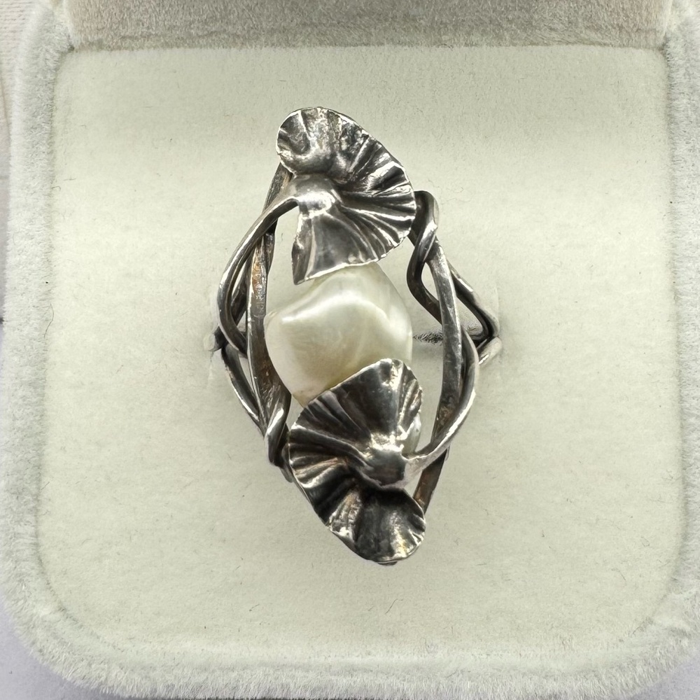 SIGNED Dumont 1910 Art Nouveau Hidden Pearl Lily 925 Sterling Silver Ring Size 5